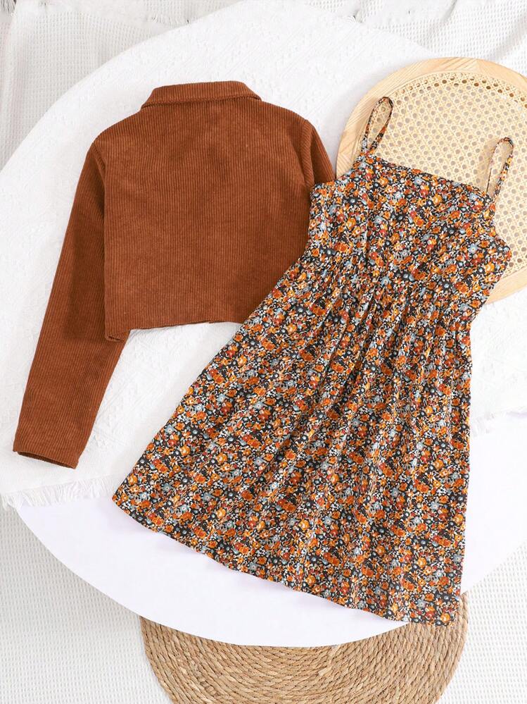 SHEIN Emery Rose Kids Set di camicia a maniche lunghe casual intrecciata e vestito a scivolata con motivo floreale ditsy per ragazza adolescente - Castano - Visualizzare 7