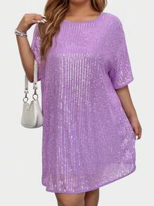 SHEIN LUNE Vestido de manga corta con cuello redondo y lentejuelas para mujer de talla grande, ropa para fiestas de vacaciones