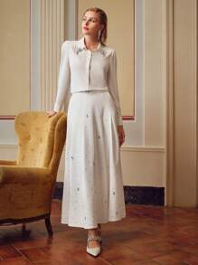 ZEYLAH RHINESTONE DETAIL SLANT POCKET FLARE SKIRT