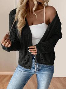 Linavere 女士长袖纯色镂空 V 领针织休闲开衫、长袖上衣 - 黑色 - 查看 6