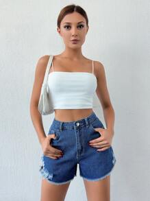 女式中腰直筒做旧磨边水洗牛仔短裤 - 藍色 - 查看 5