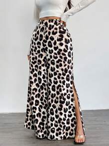 SHEIN LUNE 女士休闲豹纹开衩喇叭裤，2024 年秋冬 - 彩色 - 查看 5