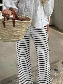 INAWLY 女士条纹直筒宽松休闲裤 - 黑與白 - 查看 4