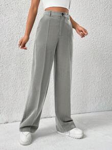 SHEIN EZwear Bộ vest cạp cao màu xám đậm trơn mùa xuân, quần ống đứng cho mùa thu/đông - Màu Xám nhạt - Xem 5