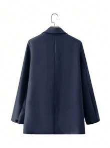 SHEIN Plus Size Women's Autumn Business Style Blue Front Pocket Blazer Jacket, Suitable For Commuting