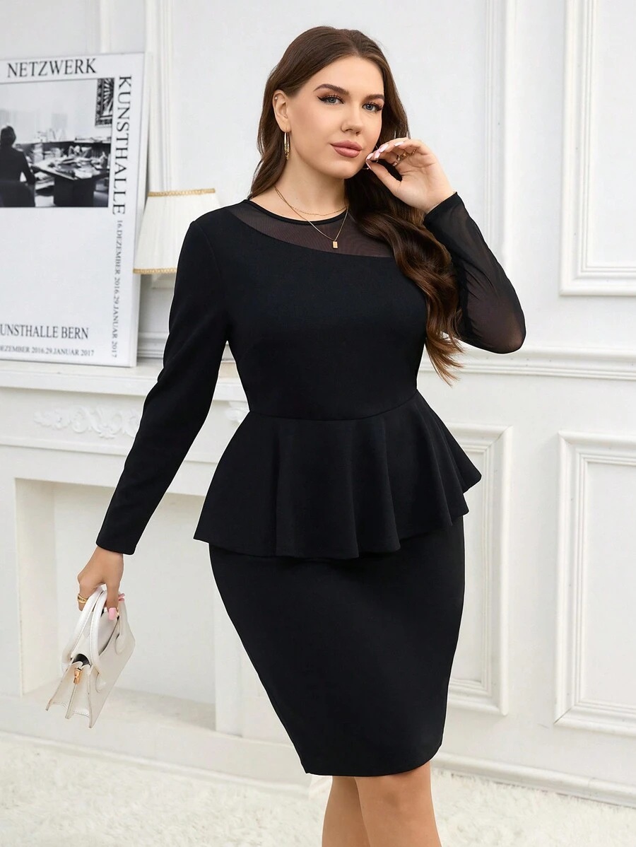 SHEIN Clasi Plus Size Women Solid Color Crew Neck Long Sleeve Mesh Ruffle Trim Elegant Dress