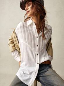 Bohemela Casual Solid Color Woven Relaxed Fit Turn-Down Collar Long Sleeve Blouse For Women - White - View 4