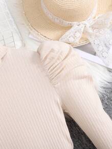 2pcs Tween Girls Set: Ribbed Mock Neck Gigot Sleeve T-Shirt And Bow-Tie PU Pleated Mini Skirt - Apricot - View 4