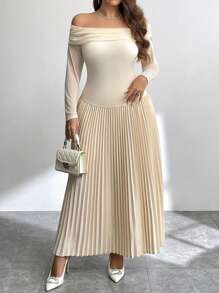 SHEIN Privé Plus Size Elegant Beige Autumn Wedding Guest Commuter Office High-End Date Party Long Sleeve Shoulder Cut Mesh Patchwork A-Line Dress - Apricot - View 6