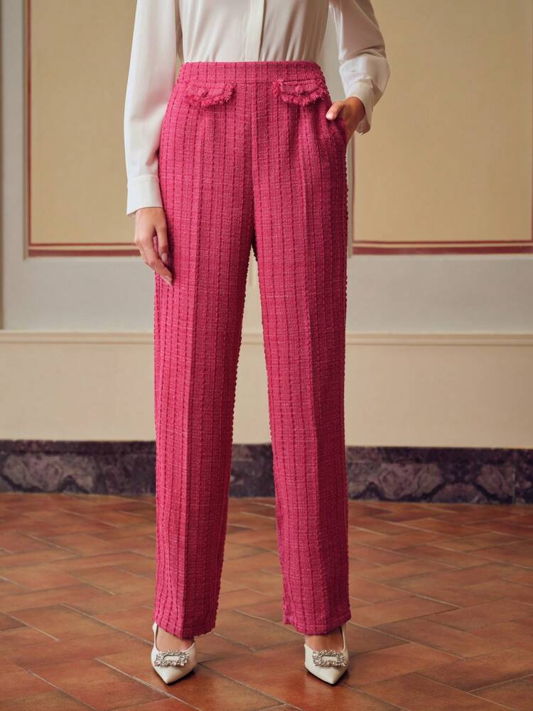 ZEYLAH TWEED FLAP DETAIL SLANT POCKET SEAM FRONT SUIT PANTS