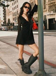 Easelle V-Neck Mesh A-Line Mini Dress For Women - Black - View 5