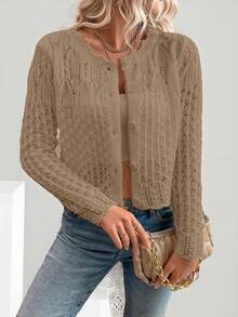 SHEIN LUNE Áo khoác cardigan dệt kim cổ tròn khoét nút phía trước cho nữ, mùa thu đông - Màu Khaki - Xem 4