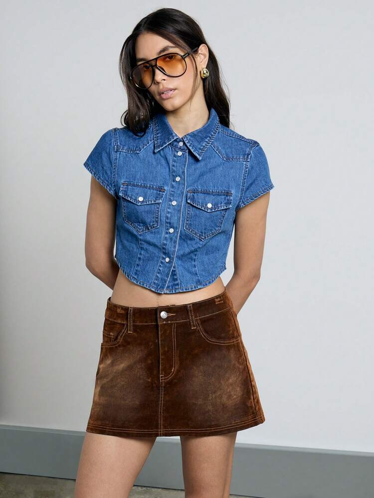 Denim Short Sleeve Collared Button Down Crop Shirt