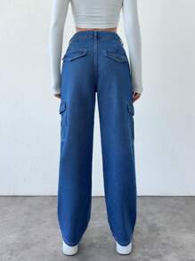RueChic Women's Casual Streetwear Style Flap Pocket Loose Fit Denim Cargo Pants