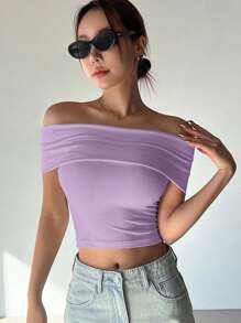 DAZY Camiseta de mujer de verano de hombros descubiertos y ajustada, tops cortos de mujer para salir - Morado - Ver 4