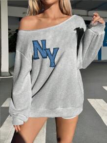 SHEIN EZwear NY English Text Graphic Loose Fit Off Shoulder Casual Long Sleeve Pullover Hoodie Sweatshirt For Women In Fall/Winter