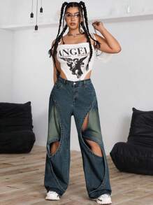 SHEIN ICON 大码前扣口袋镂空简约牛仔裤，休闲日常穿着 - 霧霾藍 - 查看 4