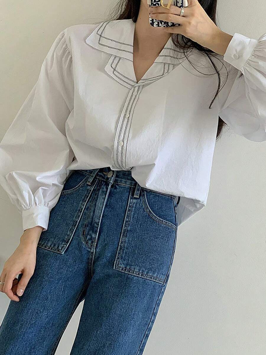 DAZY Women's Contrast Stitched Solid Color Mandarin Collar Shirt,Fall Clothes Long Sleeve Top - White - View 1
