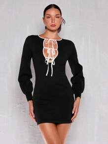 Glamine Women Autumn Winter Lace-Up Hollow Out Long Sleeve Elegant Knit Sweater Dress Fall Cloth For Women - Black - View 4