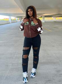 Zolique BamGlam Women's Brown Autumn Casual Streetwear Letter Printed Hoodie,Retro Metal Zipper Open Sweatshirt For Daily Occasion Outdoor Football Goth - Brown - View 4