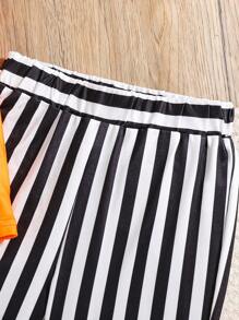 Set de 2 piezas con top de manga corta y pantalones a rayas con diseño de calabaza naranja de Halloween para niñas jóvenes - Naranja - Ver 3