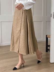 DAZY Women Solid Color Pleated A-Line Long Casual Work Skirt - Khaki - View 7