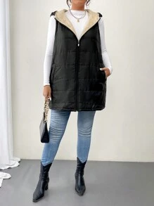 SHEIN LUNE Chaleco con capucha con cremallera y forrado cálido de talla grande con bolsillos en diagonal, ropa de otoño/invierno