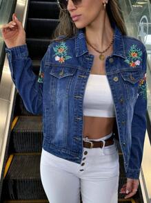 Women Embroidered Long Sleeve Denim Jacket - Dark Wash - View 5