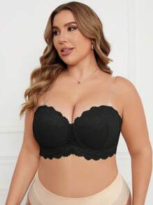 SHEIN 1 件大码纯色蕾丝钢圈文胸内衣 - 黑色 - 查看 6