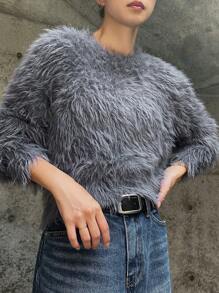 FRIFUL Women's Solid Color Casual Dropped Shoulder Loose Fluffy Knit Sweater, Autumn/Winter,Thermal Lined - Grey - View 4
