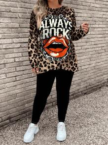 SHEIN LUNE 2 件大码女式卡通图案休闲长袖 T 恤和瑜伽裤套装，适合秋冬季