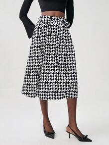 SHEIN Unity Vintage Autumn Daily Wear Fold Pleated Houndstooth Print A-Line Skirt - Black - View 3