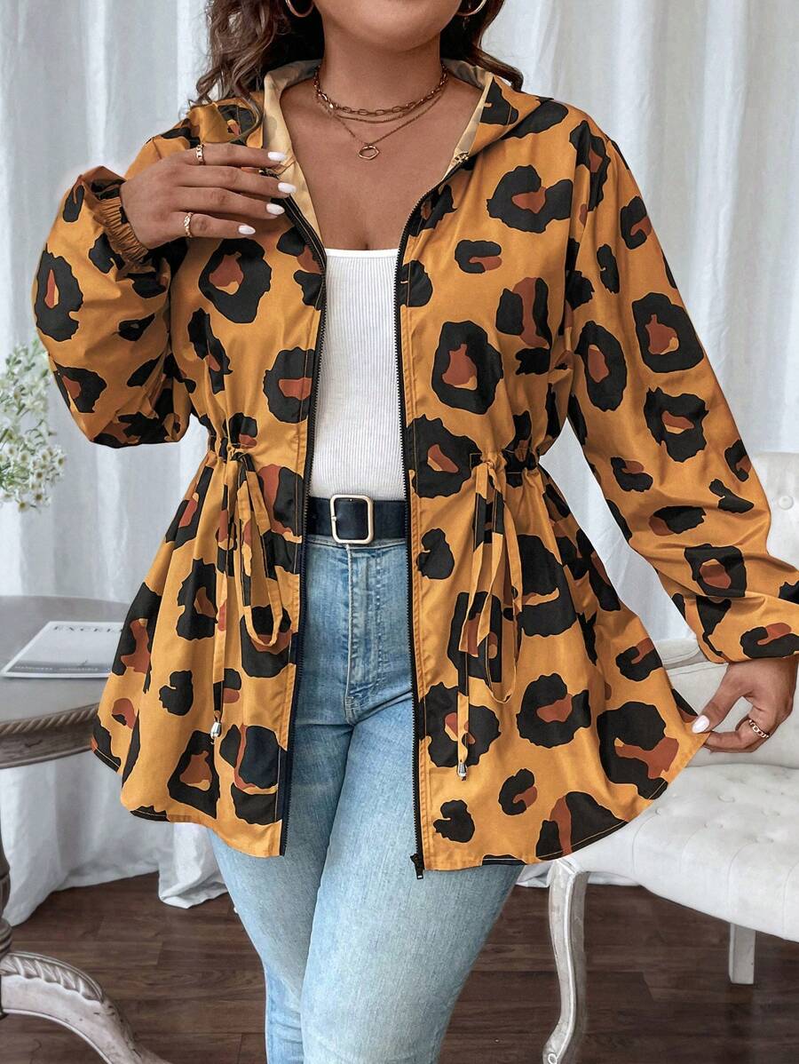 SHEIN LUNE Áo khoác dài có mũ trùm đầu họa tiết da báo cỡ lớn 1 mảnh - Rỉ Nâu - Xem 1