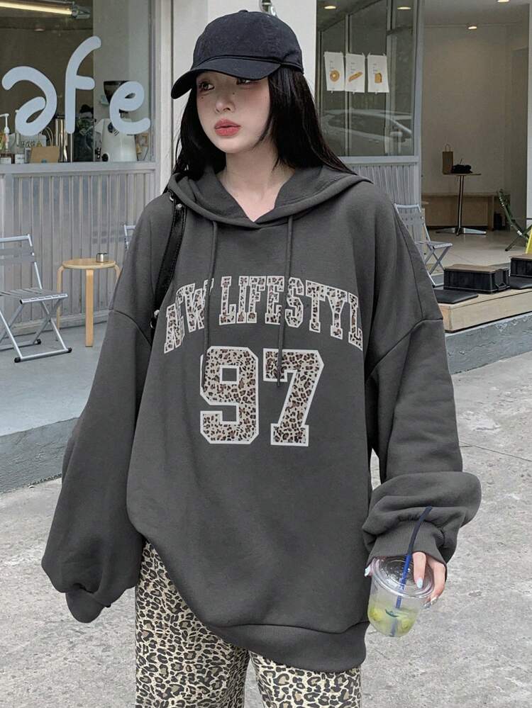 Women's Oversized Hooded Leopard Print & Letter Pattern Sweatshirt Hoodies