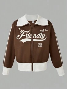 SHEIN Blouson à fermeture éclair avec imprimé lettres de couleur contrastée pour jeune fille adolescente - Taupe - Voir 3