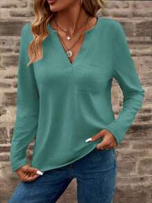 EMERY ROSE Áo thun nữ cổ chữ V dài tay thường ngày có túi, mùa thu - Màu xanh Cadet - Xem 6