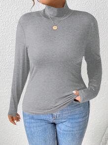 SHEIN PETITE CURVE T-shirt ajusté à manches longues col montant de couleur unie pour femmes en tailles plus