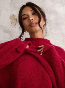 COSMINA Autumn/Winter Women High Neck Long Sleeve Solid Color Casual Red Sweater - Red - View 9