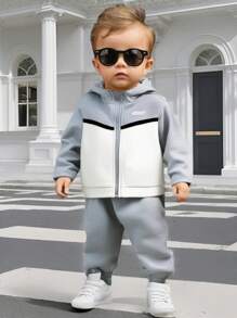 SHEIN Leap Crew 2 件套男婴/女婴花卉印花撞色运动服连帽衫和运动裤，灰色和白色，适合秋冬季休闲、通勤、上学、运动