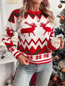 SHEIN LUNE Women's Round Neck Loose Deer Pattern Detail Long Sleeve Casual Sweater, Knit Pullover Fall Winter - Red - View 7