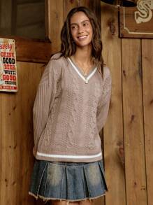 LanaWest Suéter casual de mujer de estilo campestre con cuello en V, hombros caídos y manga larga con bloques de color