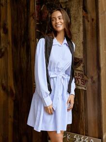 LanaWest 女式休闲条纹泡泡袖衬衫裙，秋季 - 藍白色 - 查看 3