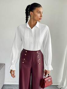 SHEIN Essnce Áo sơ mi nữ tay dài xếp ly đơn hàng khuy cài nút cổ điển thường ngày màu trắng trơn màu dành cho nữ Áo sơ mi nữ Áo cánh nữ Áo sơ mi Lễ Tạ ơn, Mùa thu - trắng - Xem 8
