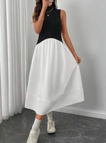 SHEIN LUNE Elegant Women Stand Collar Slim Fit Cruise Travel Daily Dress, Black And White - Black and White - View 1