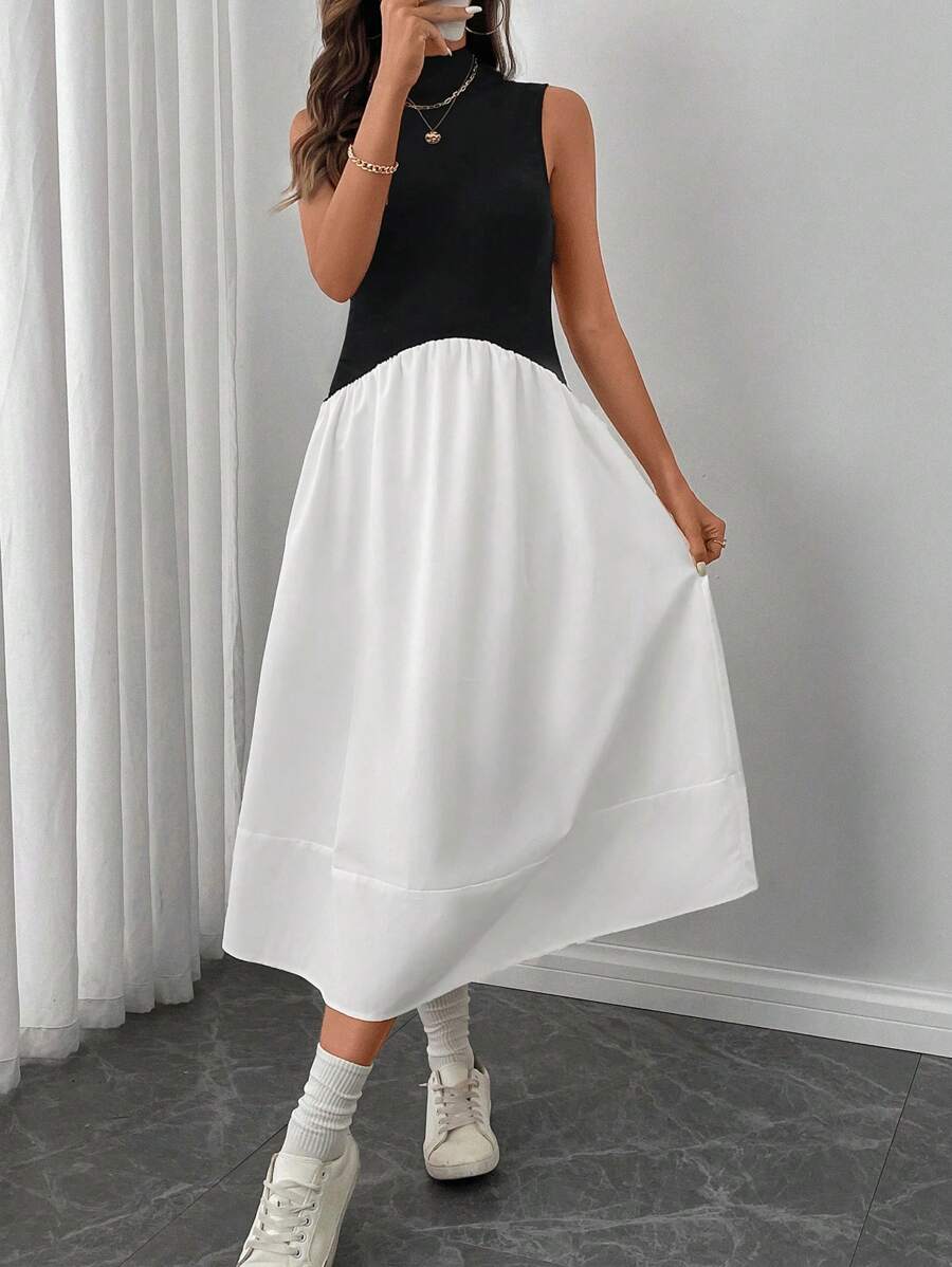 SHEIN LUNE Elegant Women Stand Collar Slim Fit Cruise Travel Daily Dress, Black And White - Black and White - View 1