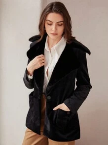 SHEIN Privé 天鹅绒翻领系腰修身休闲夹克 - 黑色 - 查看 2