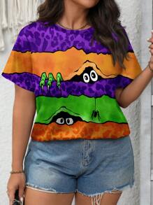 EMERY ROSE Halloween Kostüme versteckter kleiner Monster Spinnen buntes gestreiftes Muster Damen Sommer Rundhals Kurzarm Oversized T-Shirt Pullover Halloween Damen Kostüm