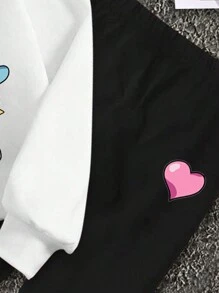 SHEIN Leap Crew 少女休闲可爱卡通印花白色长袖套头卫衣和黑色打底裤两件套，适合秋冬季穿着 - 彩色 - 查看 5