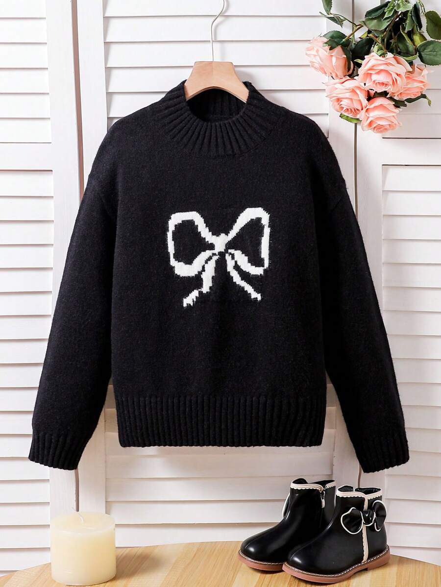 女孩新款开学宽松芭蕾风格蝴蝶结图案毛衣，秋冬季女童休闲针织上衣 - 黑與白 - 查看 1