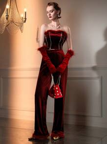 The Great Gatsby x MOTF VELVET SOLID ZIPPER FLY SLANT POCKET FLUFFY HEM BAGGY SUIT PANTS